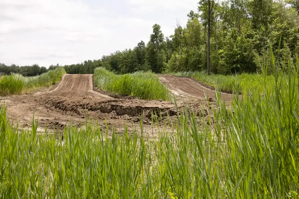 Une piste de motocross en terre battue, avec des sauts et des virages, serpente dans l'herbe verte et haute, bordée d'arbres denses, sous un ciel plutôt nuageux.