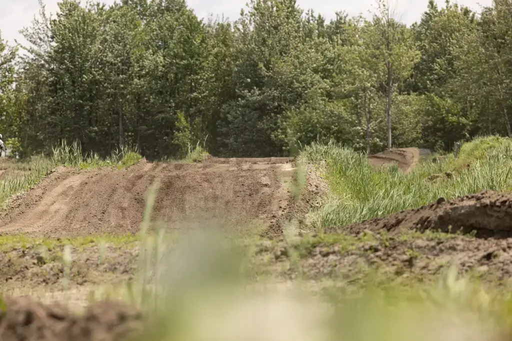 Une piste de motocross en terre battue avec de petites rampes, entourée de hautes herbes vertes et d'arbres denses sous un ciel partiellement nuageux.
