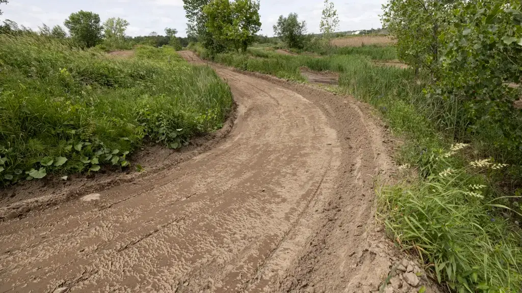 Un chemin de terre sinueux et boueux traverse des champs d'herbe verte et des arbres sous un ciel nuageux, suggérant un paysage rural ou de campagne après la pluie.